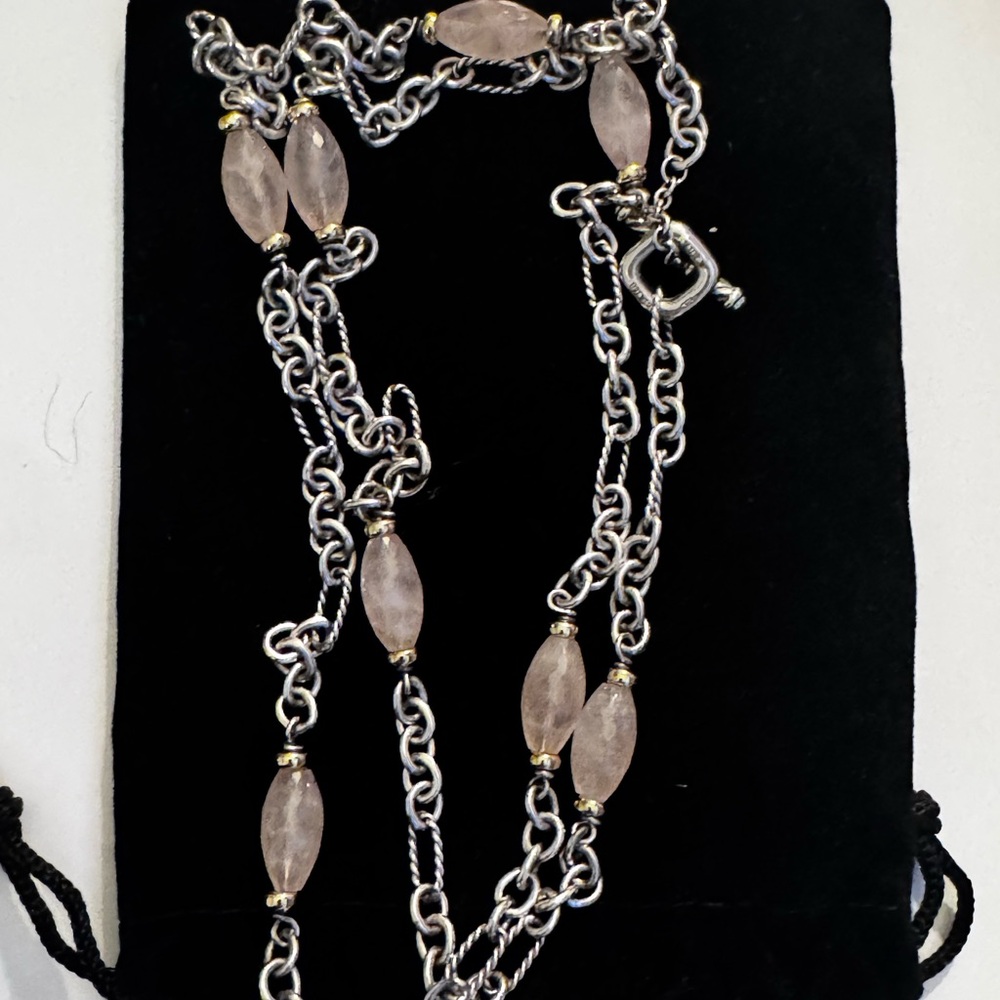 David Yurman Sterling and Gold Rose Quartz Necklace